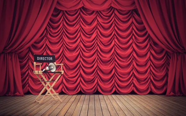 Regiestuhl auf der Bühne mit rotem Vorhang. 3D-Darstellung — Stockfoto