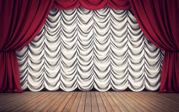 Palco com cortinas vermelhas e brancas. Renderização 3D — Fotografia de Stock