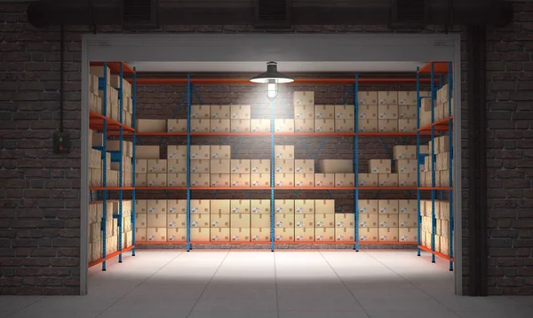 Unité de self-stockage pleine de boîtes en carton. Rendu 3d — Photo