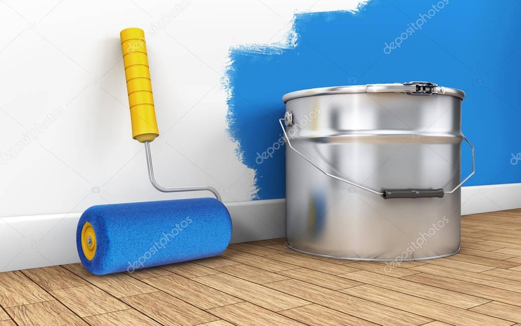 Painting of walls in a room with paint roller. 3d rendering