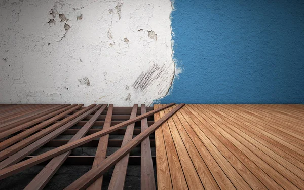 Old room repairing. Broken floor wood planks. 3d rendering — Stock Photo, Image