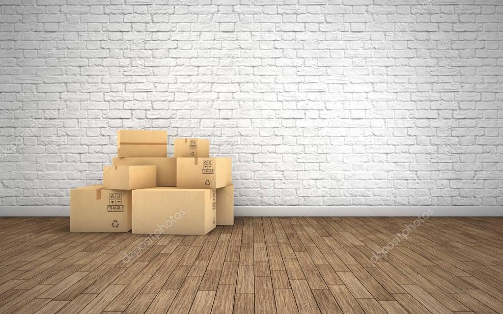 Cardboard boxes in empty room. 3d rendering