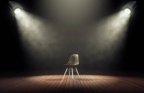 Spotlights illuminate empty stage with chair in dark background. — Stock Photo, Image