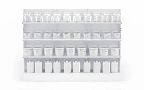 Exhibición blanca del escaparate con los estantes al por menor llenos de latas. 3D rend — Foto de Stock