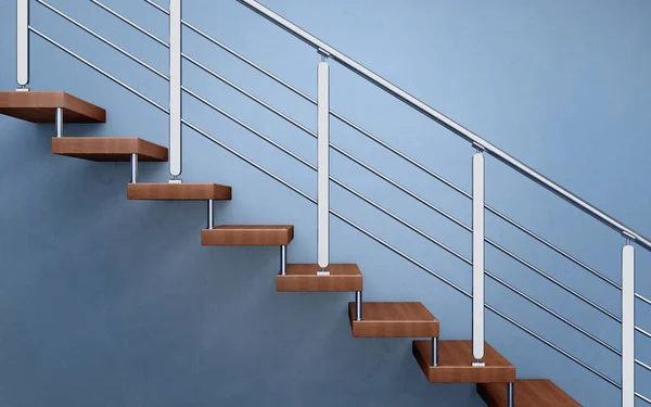 Moderne Holztreppe mit verchromtem Geländer. 3D-Darstellung — Stockfoto