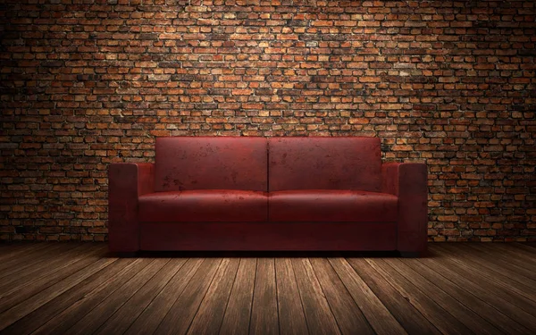 Altes rotes Ledersofa im leeren Raum mit Ziegelwand. 3D-Darstellung — Stockfoto