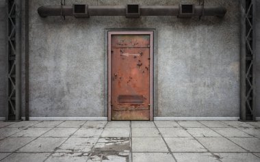 Eski kapı Oda karanlık beton duvarlar. 3D render
