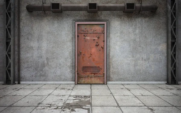 Sala de paredes de concreto escuro com porta velha. Renderização 3d — Fotografia de Stock