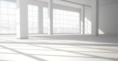 Büyük panoramik pencerelere sahip boş modern parlak iç. 3D ren