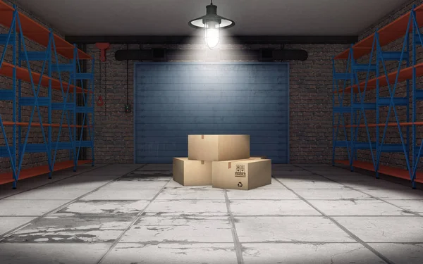 Karton dobozok üres garázsban. 3D-leképezés — Stock Fotó