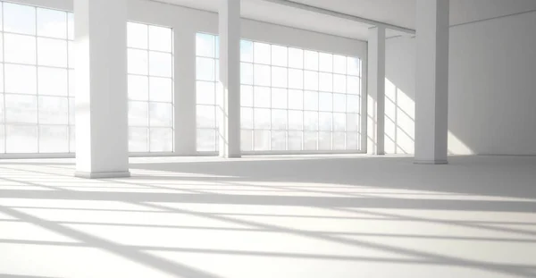 Empty modern bright interior with huge panoramic windows. 3d ren — Stock Photo, Image