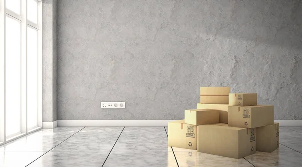 Empty room with cardboard boxes. moving to a new house. 3d rende — Stock Photo, Image