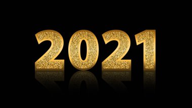 Yeni yıl için siyah arkaplanlı 2021 altın harfli vektör metni.