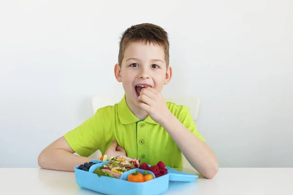 一个年轻的男孩吃健康的学校午餐 图库图片