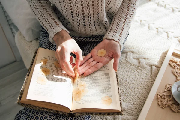 Девушка читает книгу за завтраком — стоковое фото