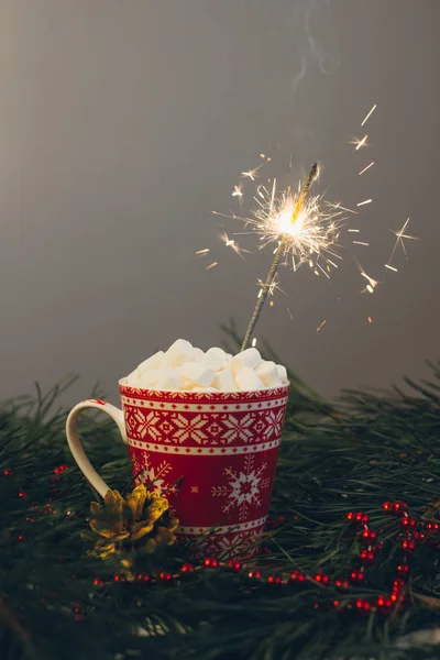 Le Sparkler dans une tasse de cacao avec des guimauves — Photo