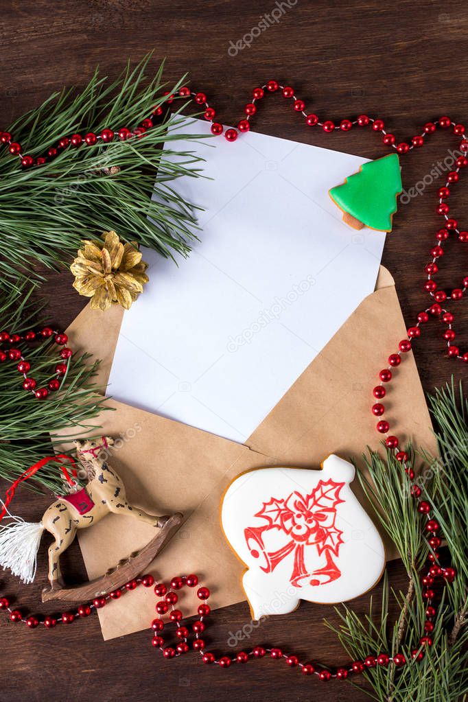 Envelope writing paper, gingerbread and Christmas ornaments