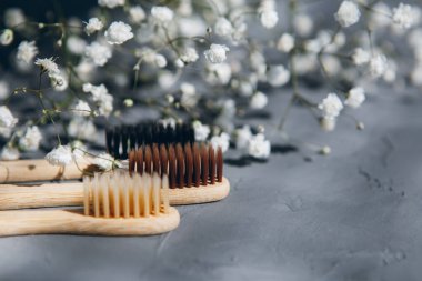 Gri arka planda doğal bambu diş fırçaları. Çevre dostu yaşam tarzı kavramı. Tonlama. Seçici odak.