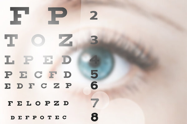 Close up image of human eye through eye chart