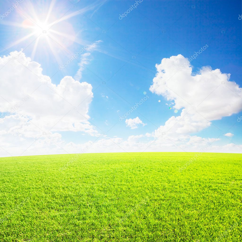 Field under blue clouds sky. Beauty nature background