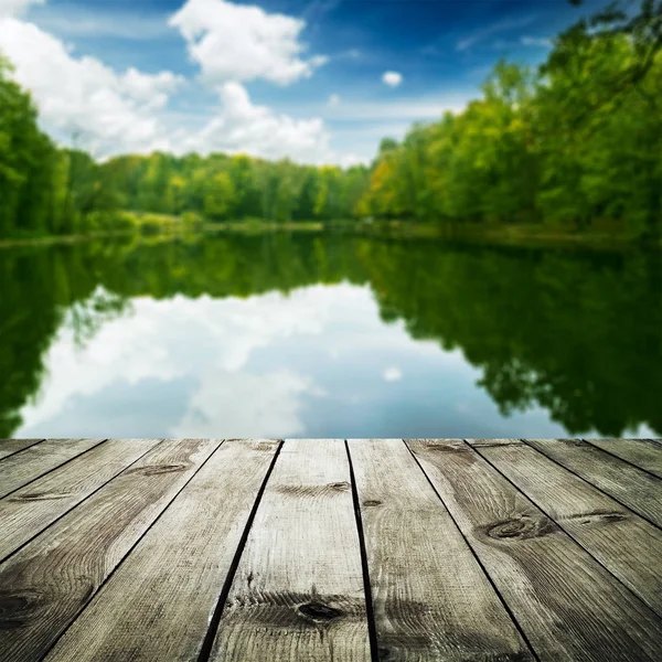 Vacker skog med reflektion i vatten och trä plankor. Skönhet natur — Stockfoto