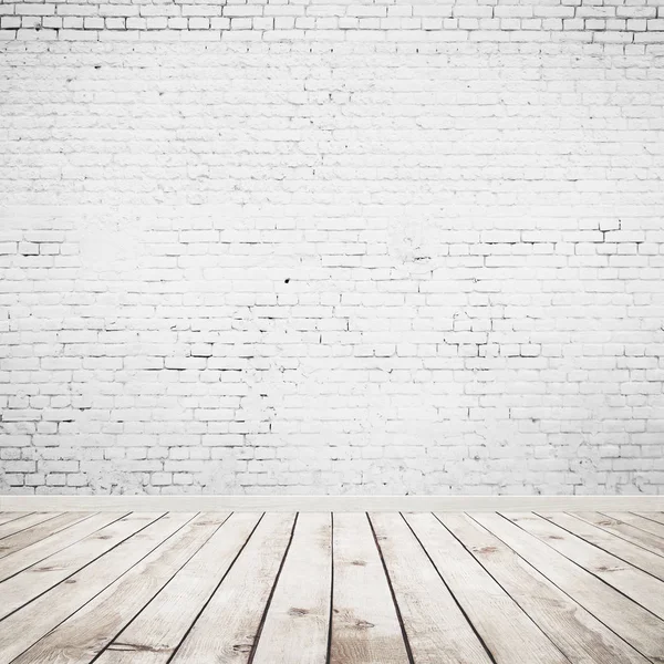 Szoba belső szüret fehér tégla fal és fa padló háttér — Stock Fotó