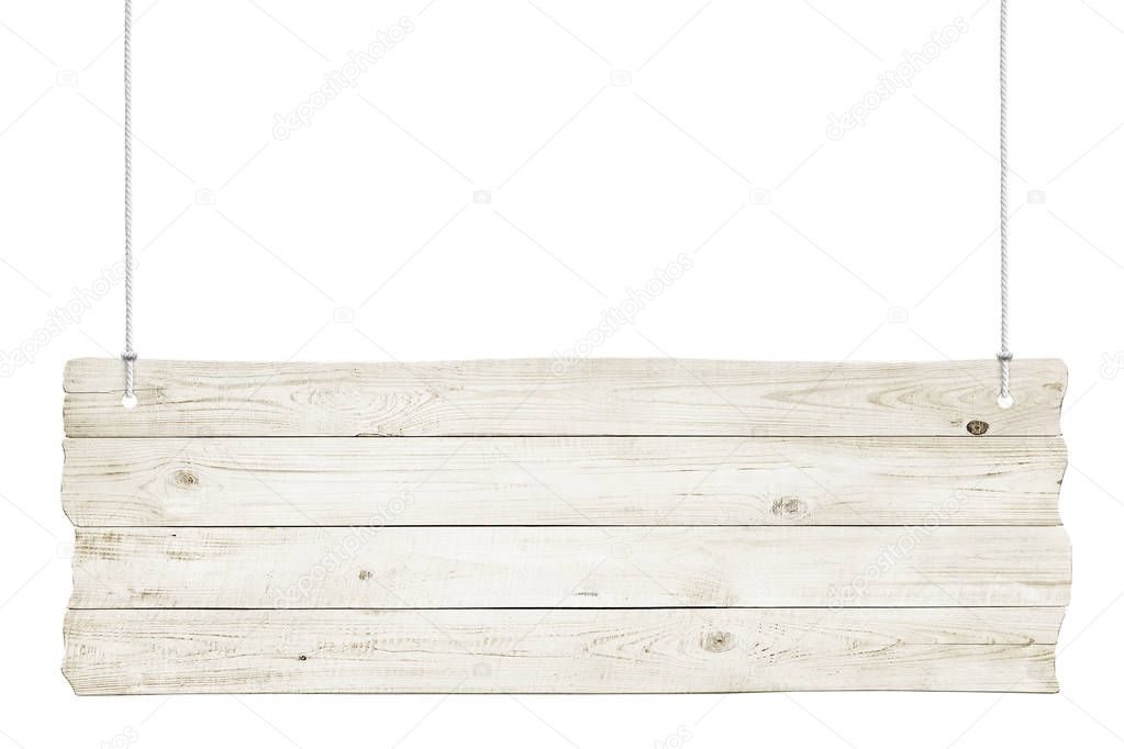 Wooden sign with ropes isolated over white background