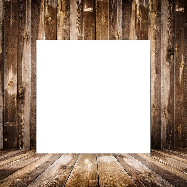 Pusty plakat w starych mebli z drewna ściany i podłogi — Zdjęcie stockowe