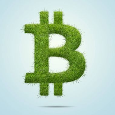 Bitcoin yeşil çim üzerinde mavi arka plan izole işareti şeklinde