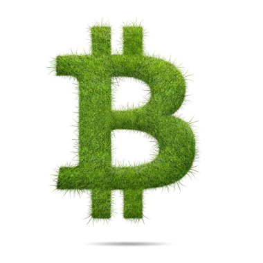 Bitcoin yeşil çim beyaz arka plan üzerinde izole işareti şeklinde 