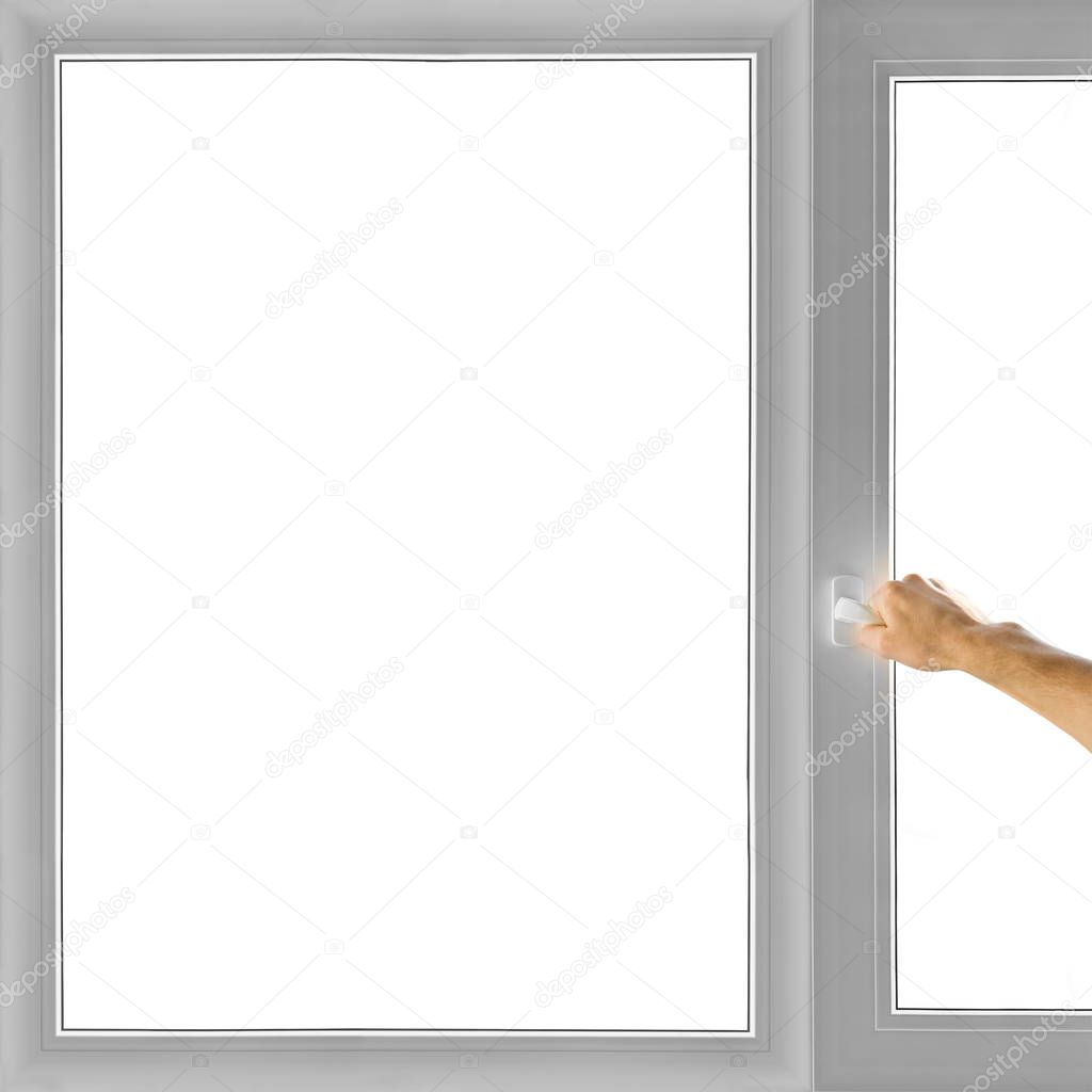 Hand open window isolated on white background