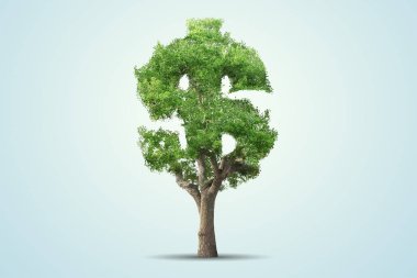 Yeşil ağaç dolar üzerinde mavi arka plan izole işareti şeklinde