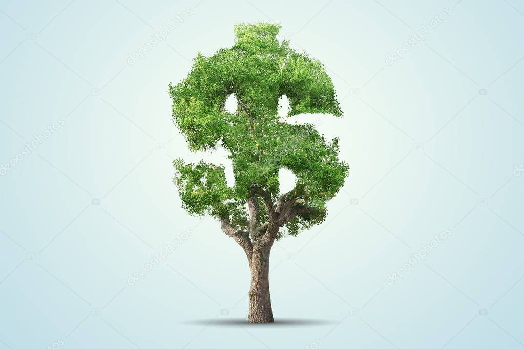 Green tree shaped in dollar sign isolated on blue background