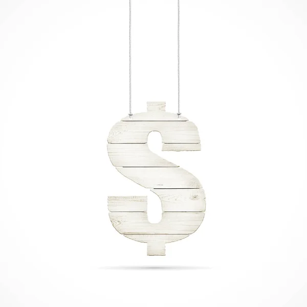 Panneau dollar en bois avec cordes isolées sur fond blanc — Photo