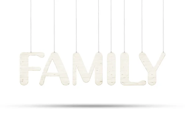 Palabra de madera "Familia" con cuerdas aisladas sobre fondo blanco — Foto de Stock