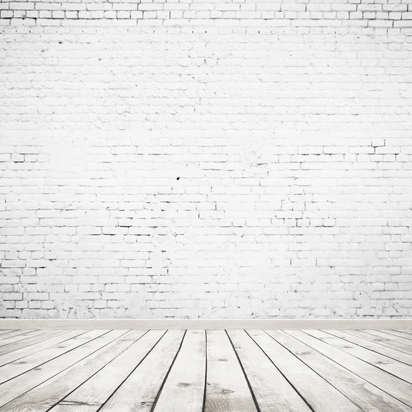 Camera vintage interno con parete di mattoni bianchi e fondo pavimento in legno — Foto Stock