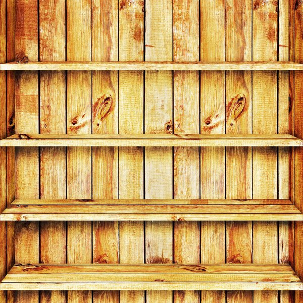 Book shelf with wooden planks background