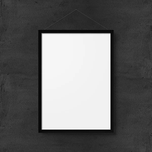 Bianco bianco bianco foto telaio mockup con corde su sfondo muro di cemento scuro — Foto Stock