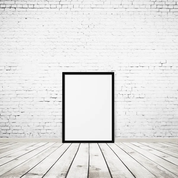 Vintage room interior with photo frame over white brick wall and wood floor background — Stock Photo, Image