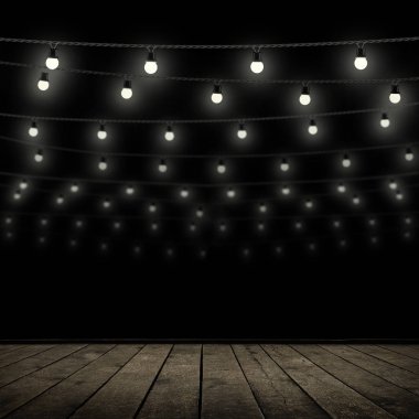 Garland lambaları ve ahşap plakalar kat. Dekorasyon arka plan