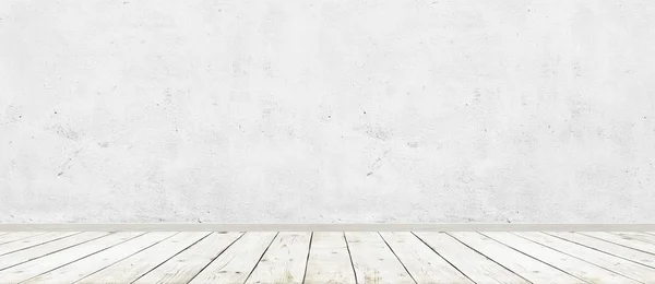 Vintage room interior with white concrete wall and wood floor background. Wide panorama image — Stock Photo, Image