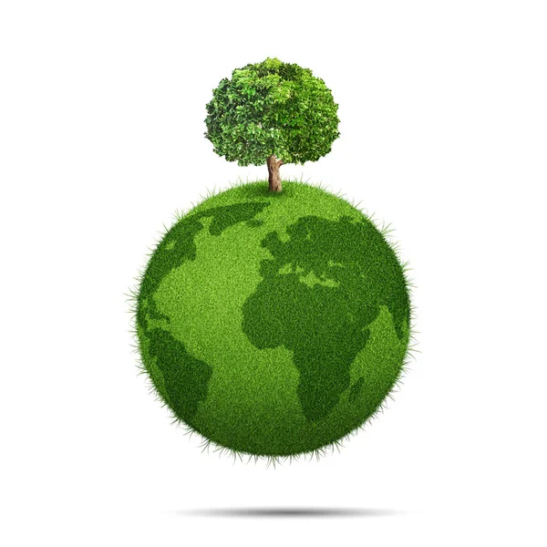 Mundo globo forma de hierba verde con árbol en él aislado sobre fondo blanco. Concepto ecológico —  Fotos de Stock