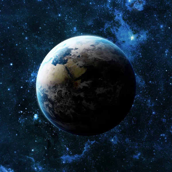 Earth planet in space over galaxy stars.