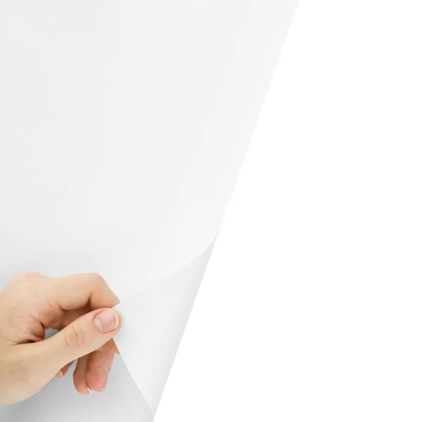 Blank sheet of paper with hand opening it. Over white background — Stock Photo, Image