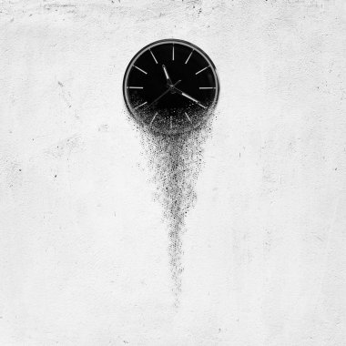 Classic clock on white concrete background disintegrate in a small parts and flowing away. Time flying concept clipart