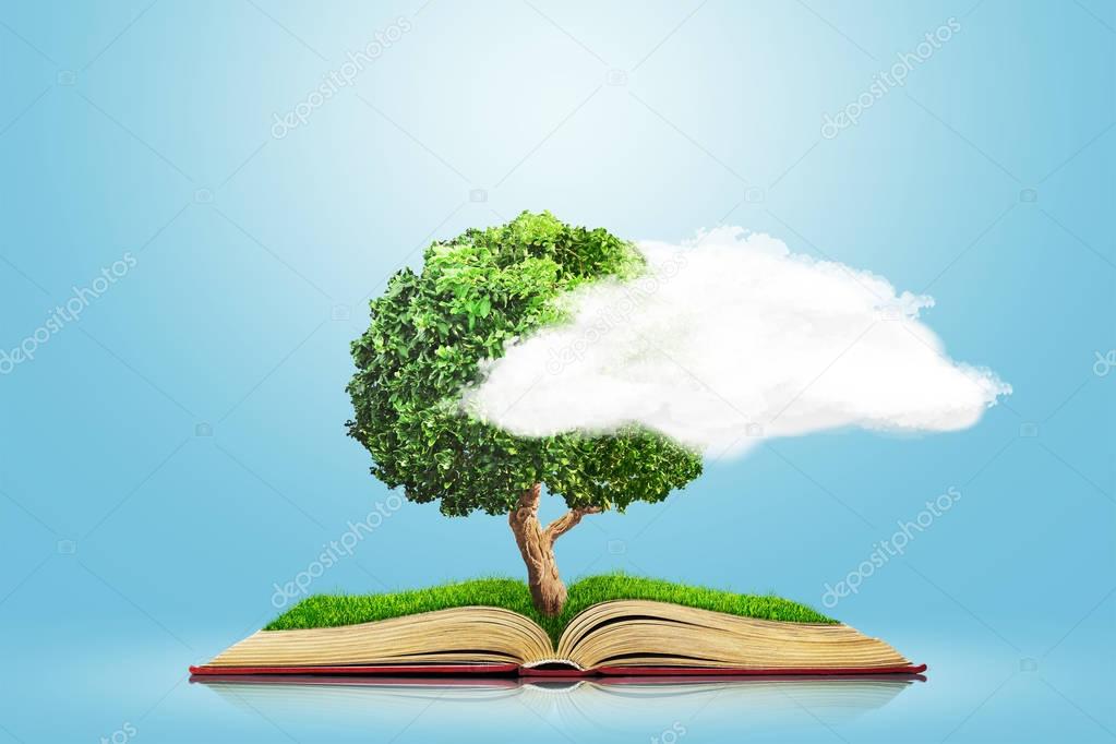 Open book with green grass field and tree on it isolated over blue background. Concept image