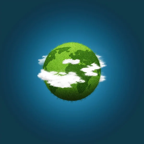 Grass in earth shape with clouds over blue sky background.