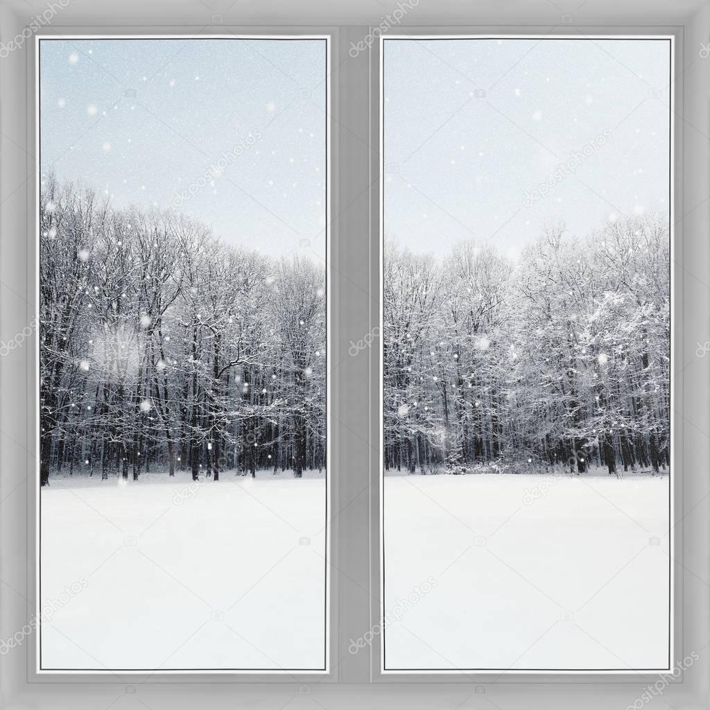 Window over winter nature forest background