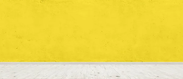 Camera vintage interno con parete in cemento giallo e fondo pavimento in legno. Ampia immagine panoramica — Foto Stock