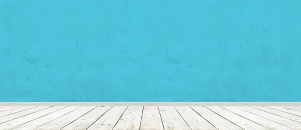 빈티지 룸 인테리어 블루 콘크리트 벽과 나무 바닥 배경. 넓은 파노라마 이미지 — 스톡 사진